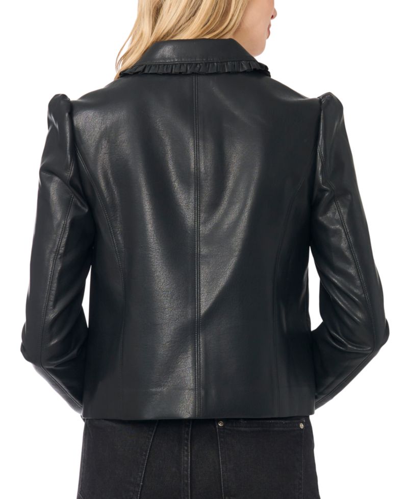 Women's Ruffle-Trim Puff-Shoulder Faux Leather Jacket