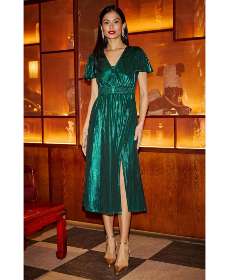 Women's Metallic Ruched Midi Dress