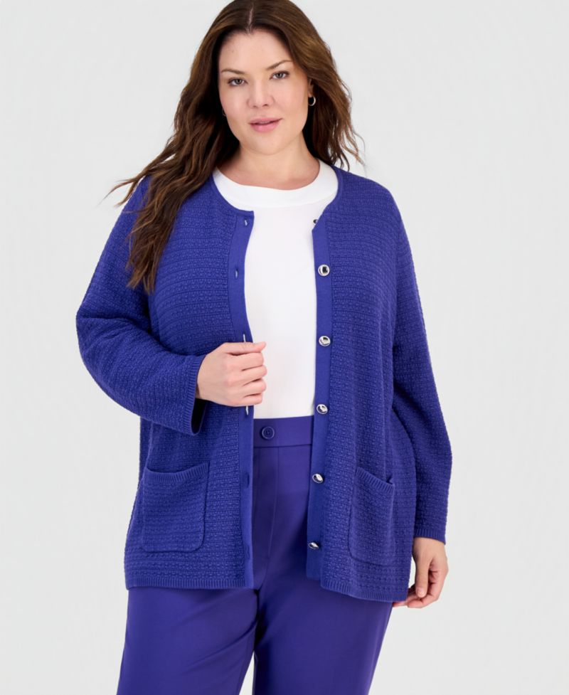 Plus Size Textured-Knit Patch-Pocket Cardigan