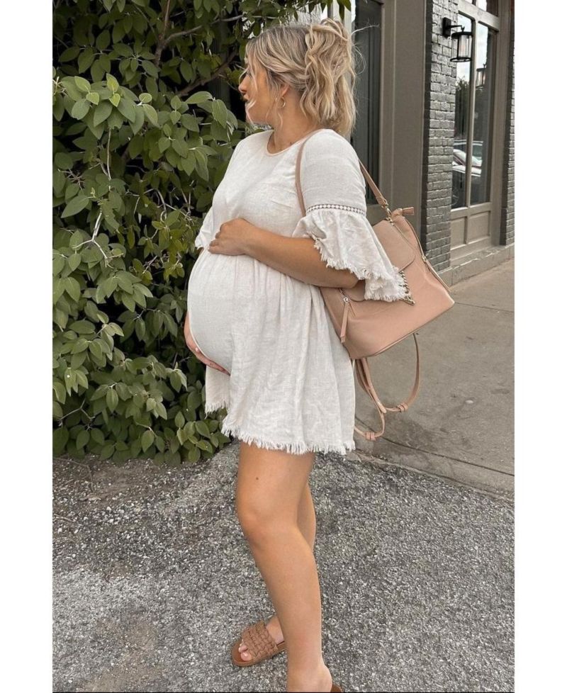 Women's Beige Raw Edge Bell Sleeve Babydoll Dress