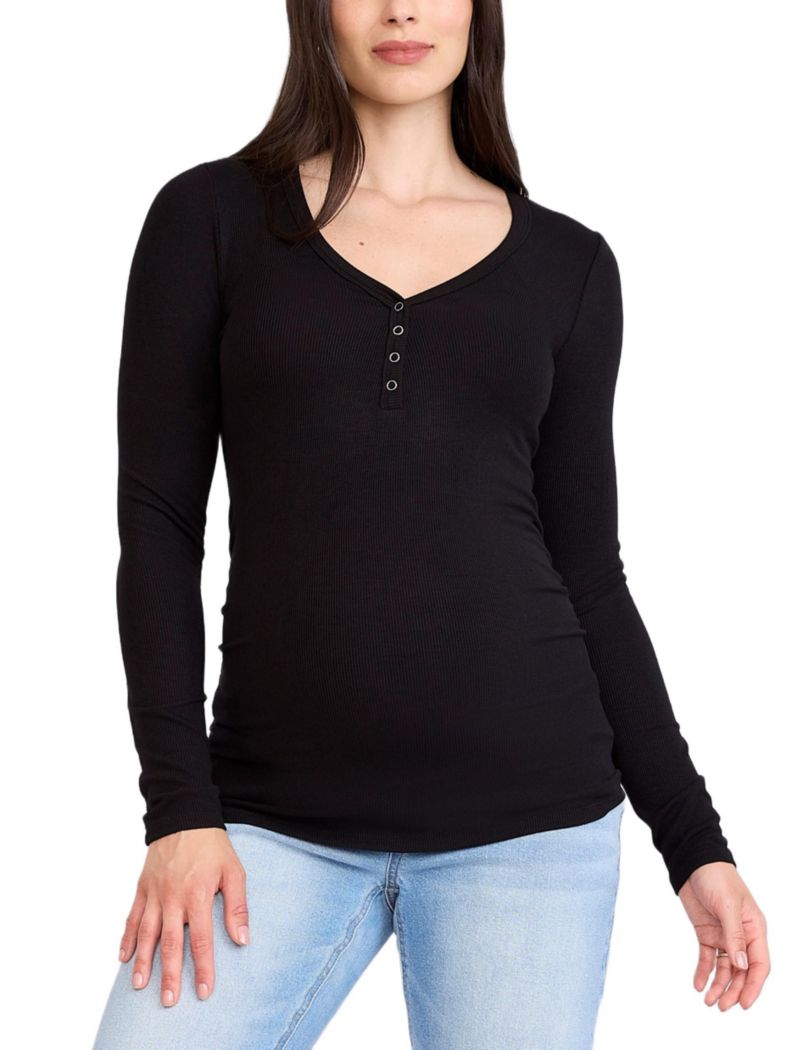 Women's V-Neck Side-Ruched Long Sleeve Henley Tee - Motherhood