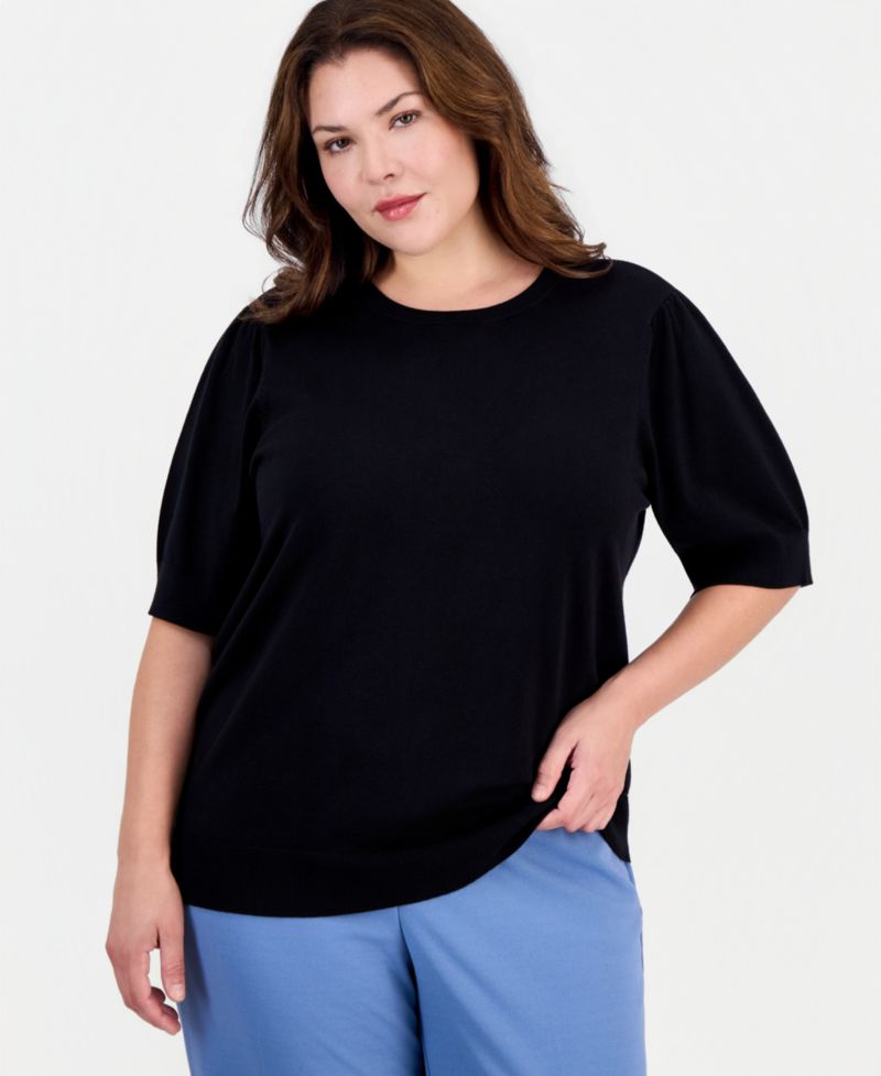Plus Size Short Puff Sleeve Crewneck Sweater