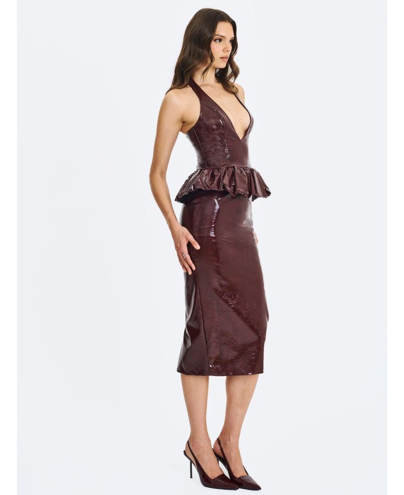 Women's Jaslene Mahogany Ruched Peplum Plunge Halter Midi Dress