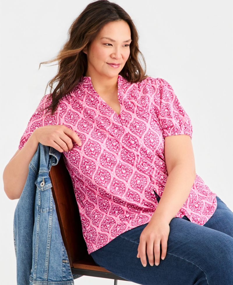 Petite Printed Puff-Sleeve Button-Front Top