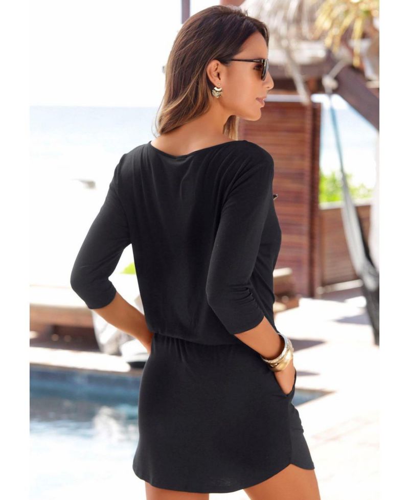 Women's 3/4-Sleeve Zipper-Detail Mini Viscose-Blend Dress