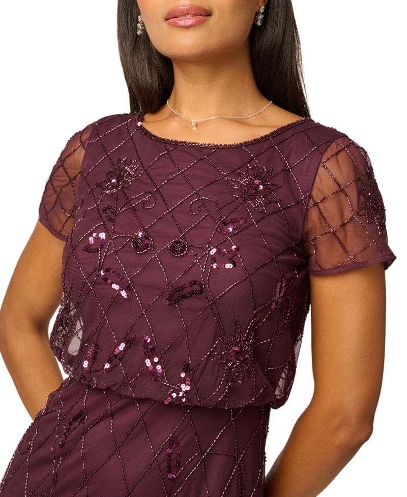 Women's Bead Blouson Boat Neck Short-Sleeve Long Dress