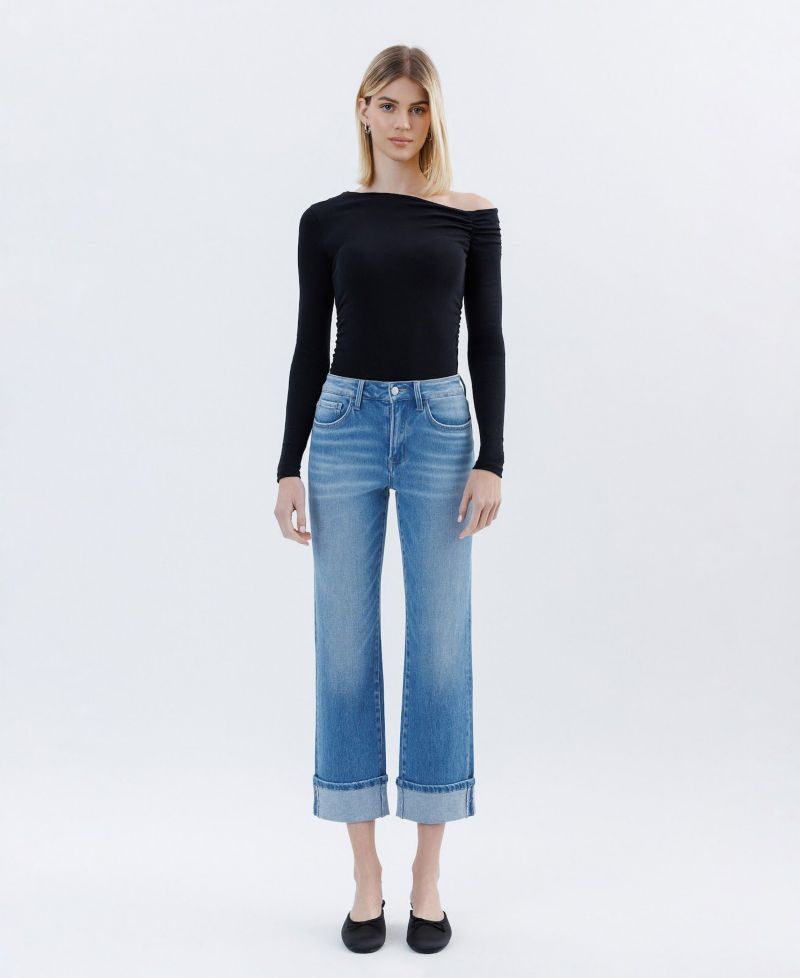 Women's High Rise Cuffed Crop Straight Jeans