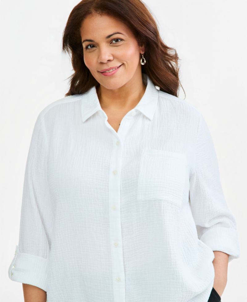 Plus Size Button-Front Collared Long-Sleeve Shirt