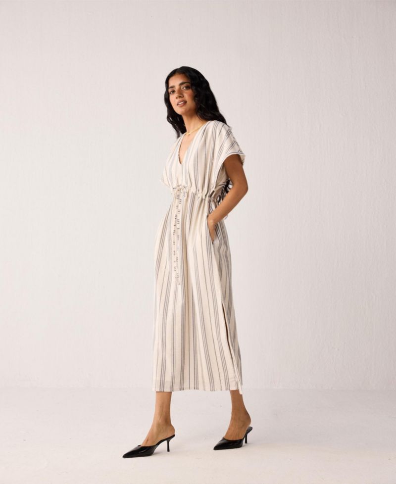 Women's Maxi Gathered Dress with Side Slits in Stripes