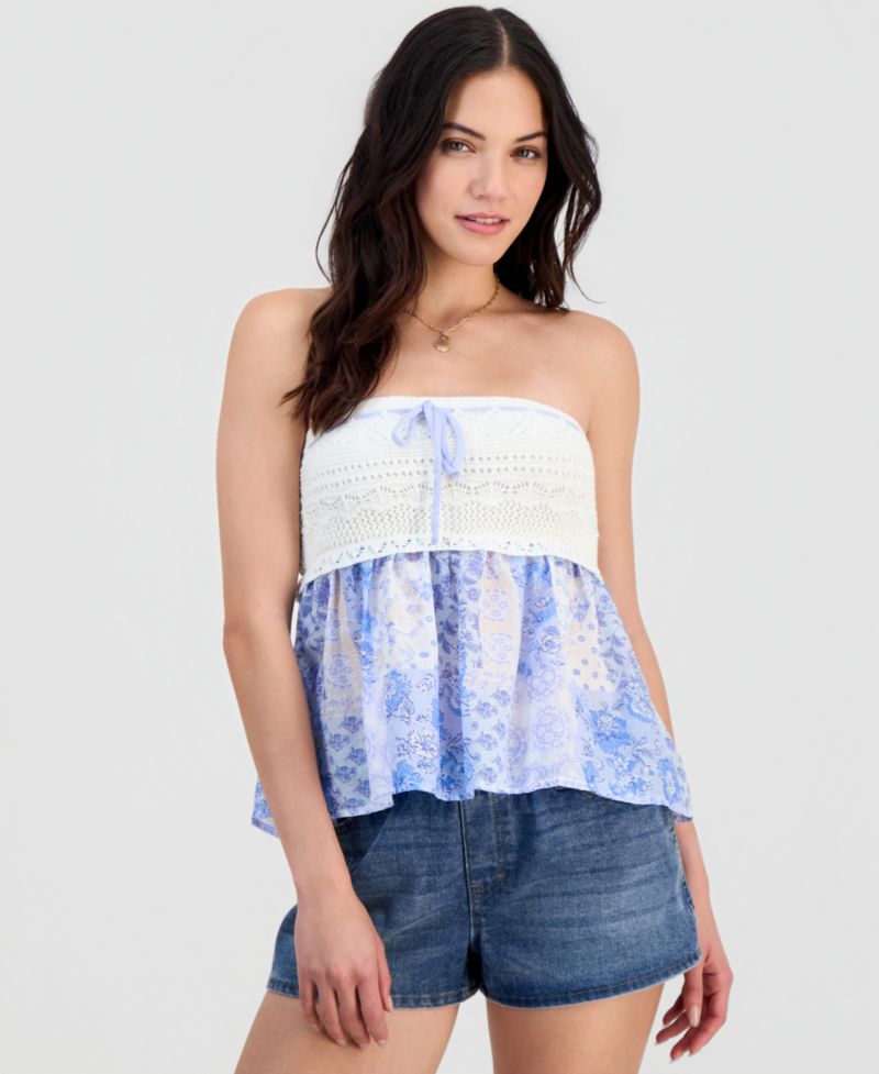 Juniors' Strapless Crochet Sweater Peplum Top