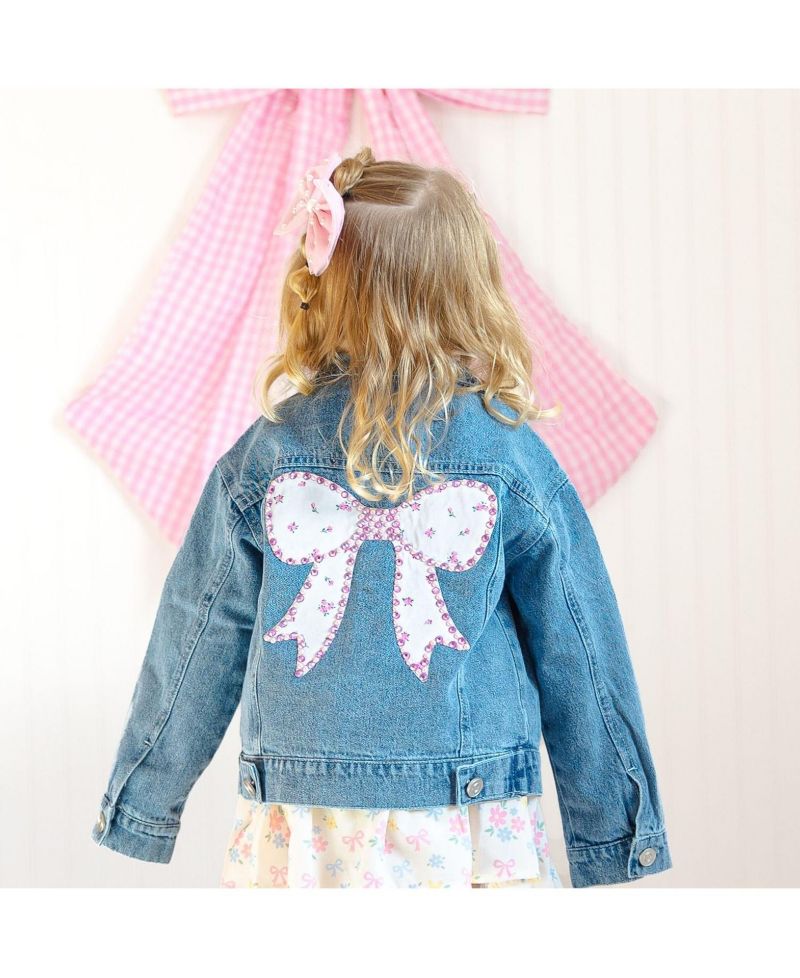Little Girls Pearl and Gemstone Floral Bow Patch Denim Jacket