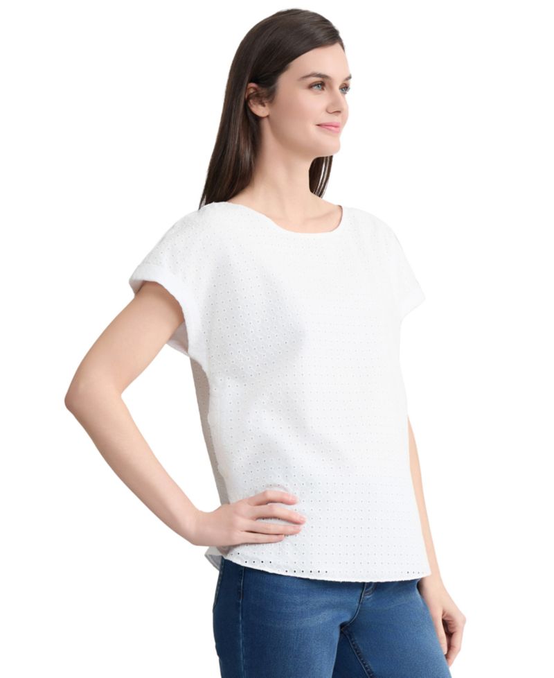 Women's Eyelet Boat Neck Button Detail Top