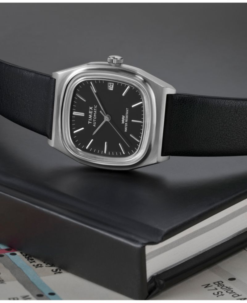 Men's Mechanical Automatic Black Leather Watch, 34mm