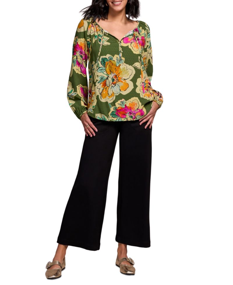 Women's Floral Textured Wove Notch Neck Top