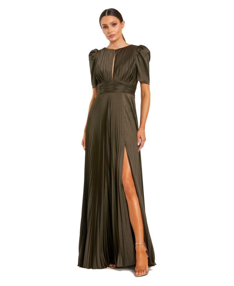 Women's Charmeuse Keyhole Puff-Sleeve Evening Gown
