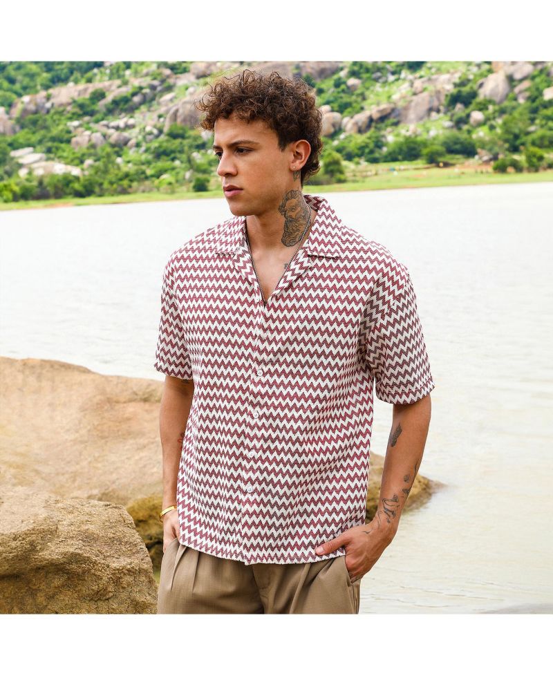 Men's Terracotta Brown & Powder White Chevron-Striped Oversized Shirt