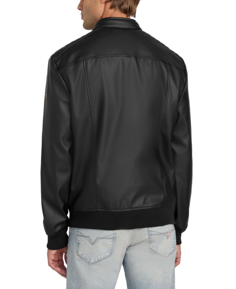 Men's Stretch Faux Leather Snap Collar Moto Jacket