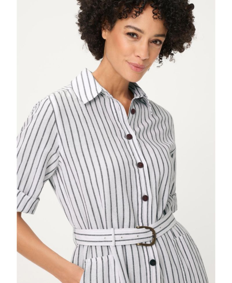 Women's Stripe Midi Linen-Cotton Blend Shirt Dress
