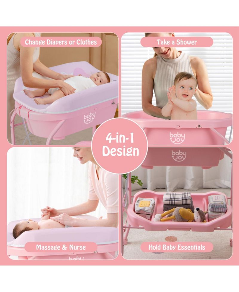 Baby Changing Table with Bathtub, Folding Diaper Station with Wheels