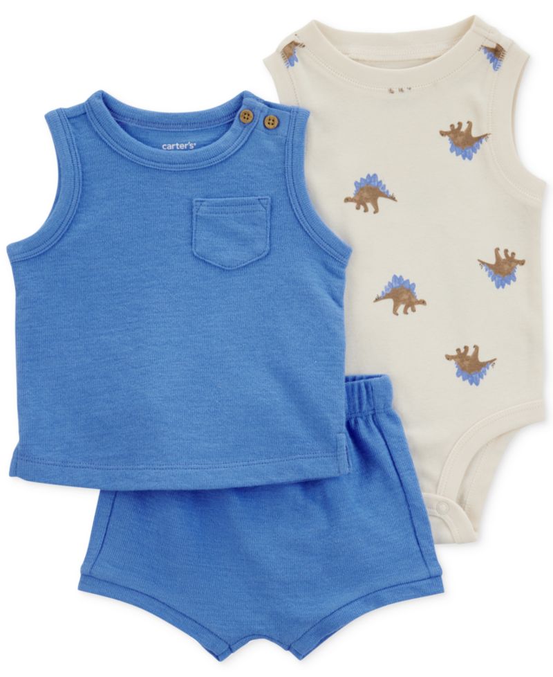 Baby Boys 3-Pc. Solid Tank and Shorts & Dino Bodysuit Set