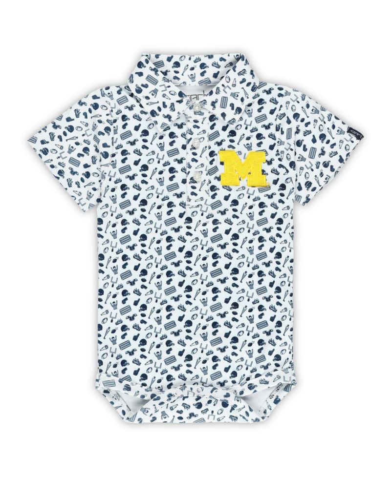 Baby Boys and Girls White Michigan Wolverines Tom Allover Print Performance Polo Bodysuit