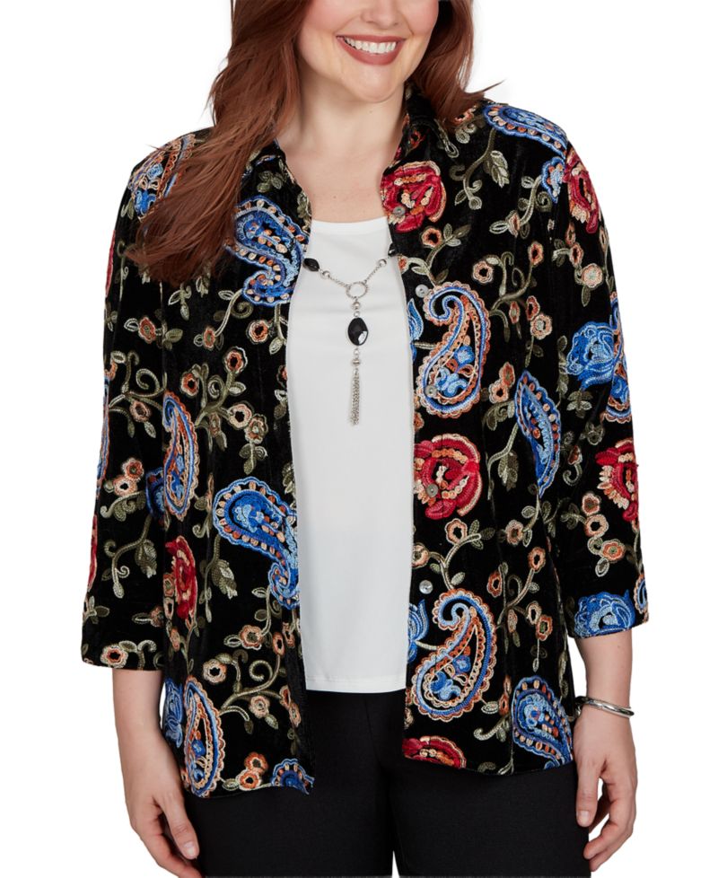 Women's Knit Floral-Print Velvet 3/4-Sleeve Blouse