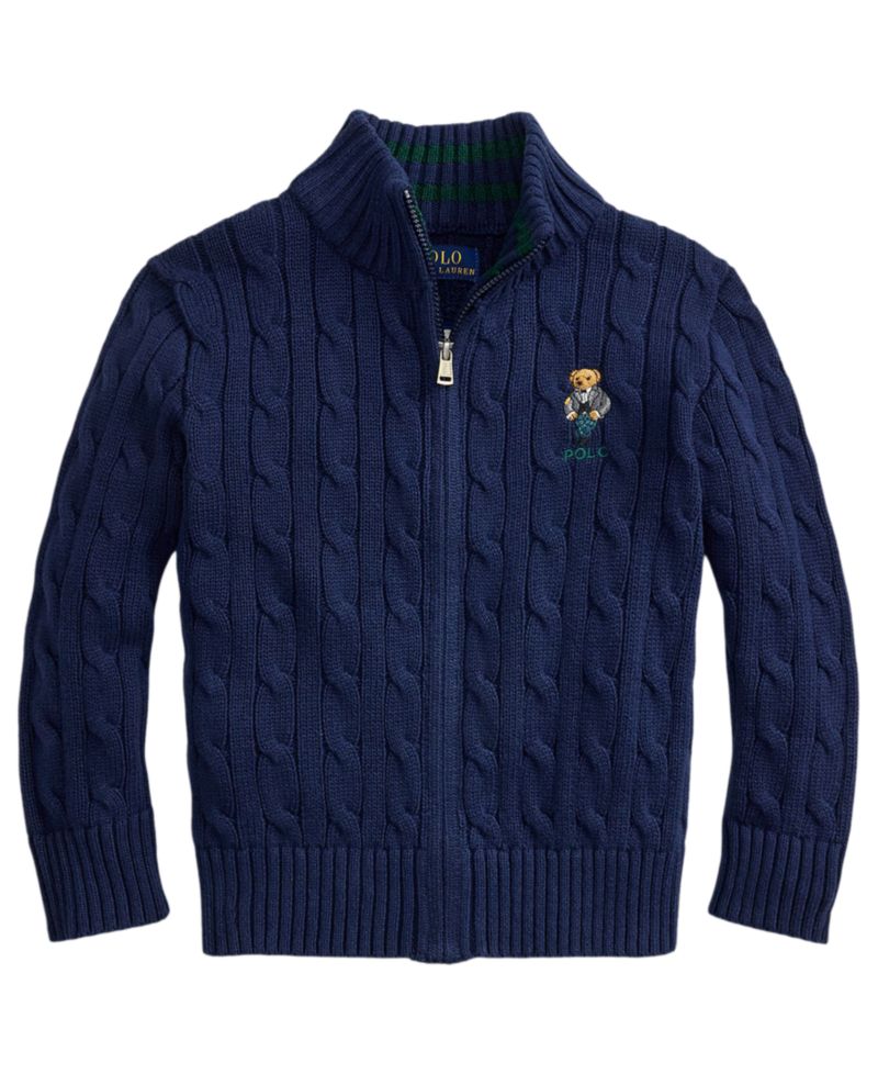 Boys' 2T-7 Polo Bear Full-Zip Cable-Knit Sweater