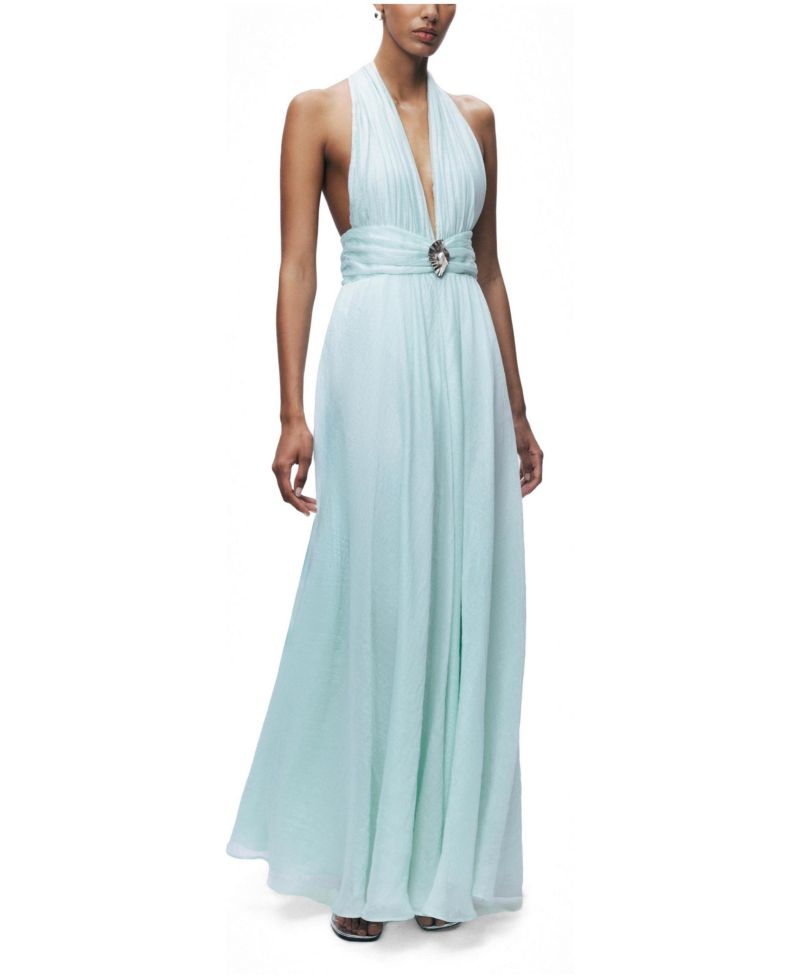 Women's Pleated Halterneck Maxi Dress with Brooch Detail