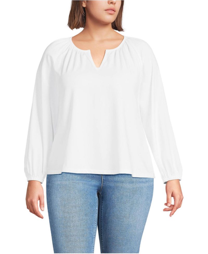 Plus Size Lightweight Jersey 3/4 Sleeve Notch Neck Gather Blouse
