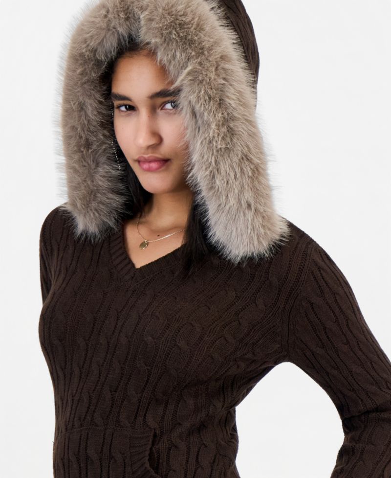 Juniors' Cable-Knit Hooded Faux-Fur Pullover