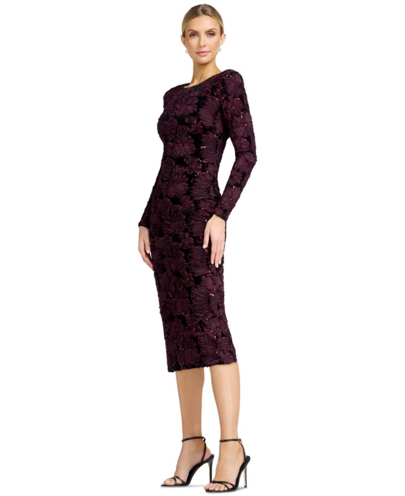 Women's Long-Sleeve Bodycon Floral-Print Midi Dress