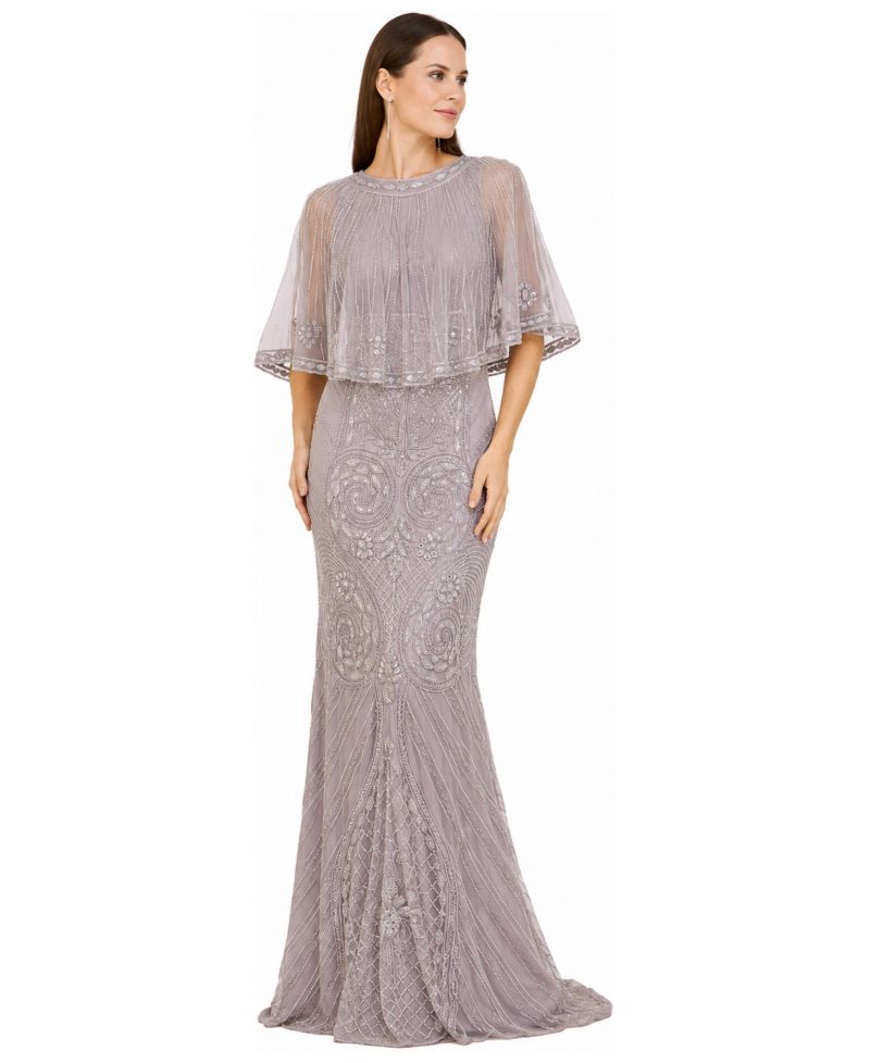Women's Cape-Sleeve V-Neck Beaded Gown