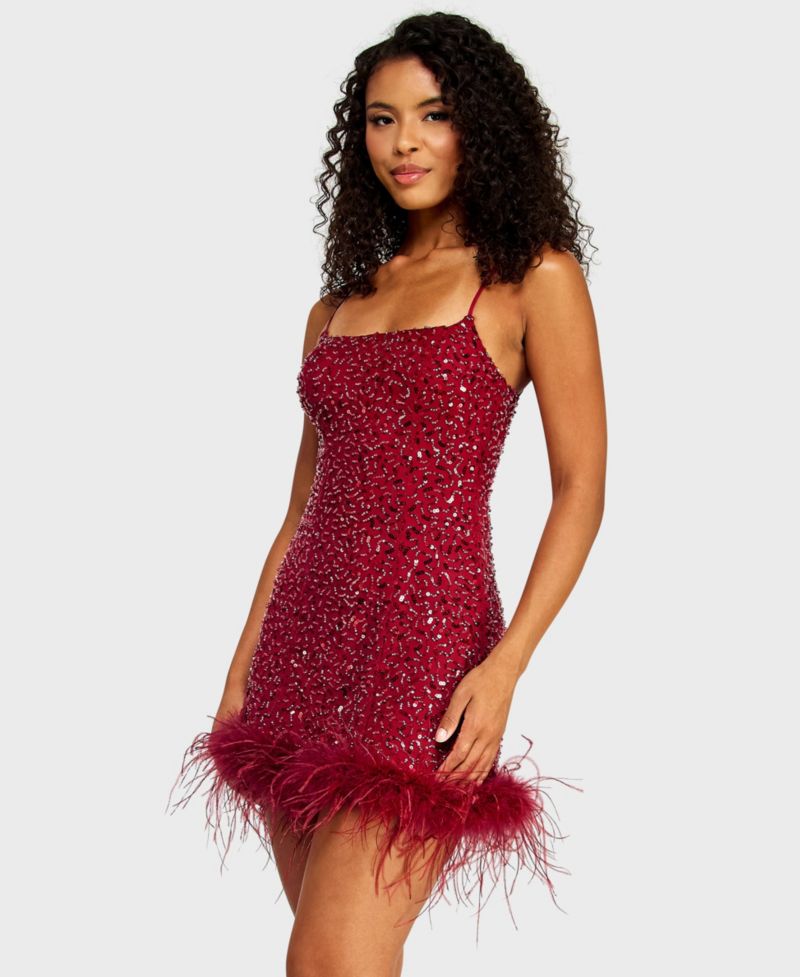 Juniors' Square Neck Bead & Imitation Pearl Detail Sequin Dress with Feather Hem