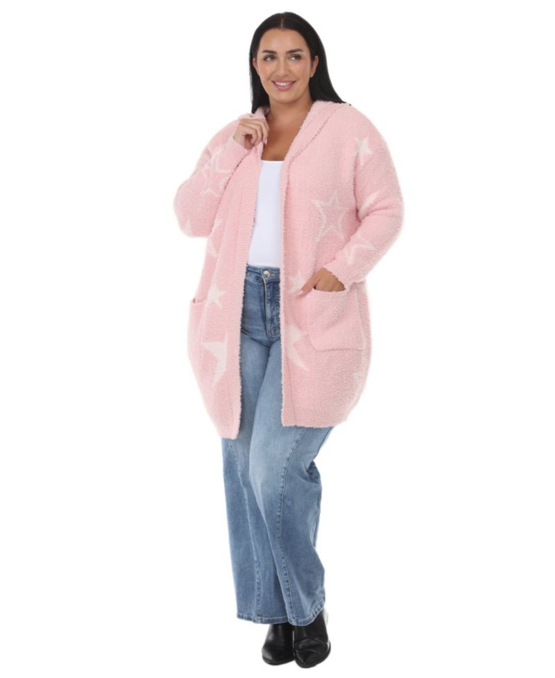 Plus Size Hooded Star-Print Sherpa Cardigan Sweater