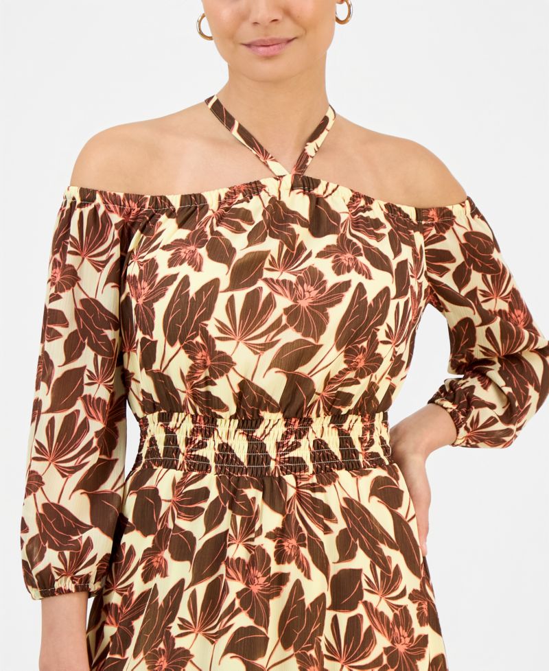 Petite Printed Halter Smock-Waist Maxi Dress