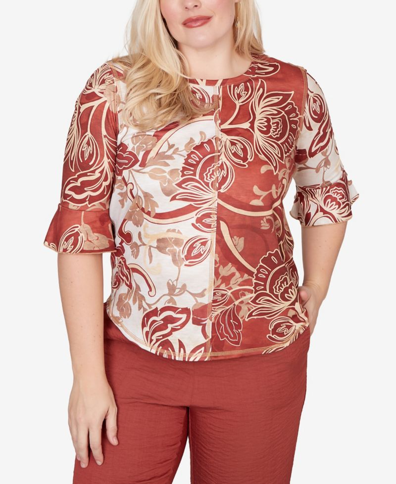 Petite Spice Market Spliced Colors Scroll Print Crewneck Top