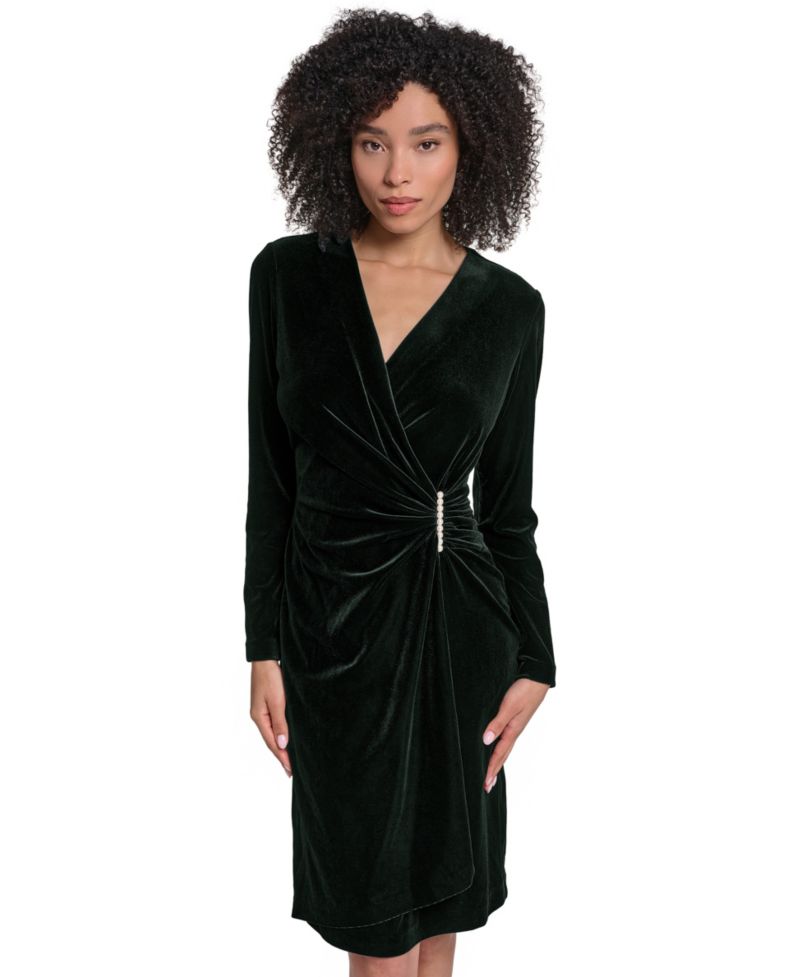 Women's Velvet Faux-Wrap Imitation Pearl-Trim Dress