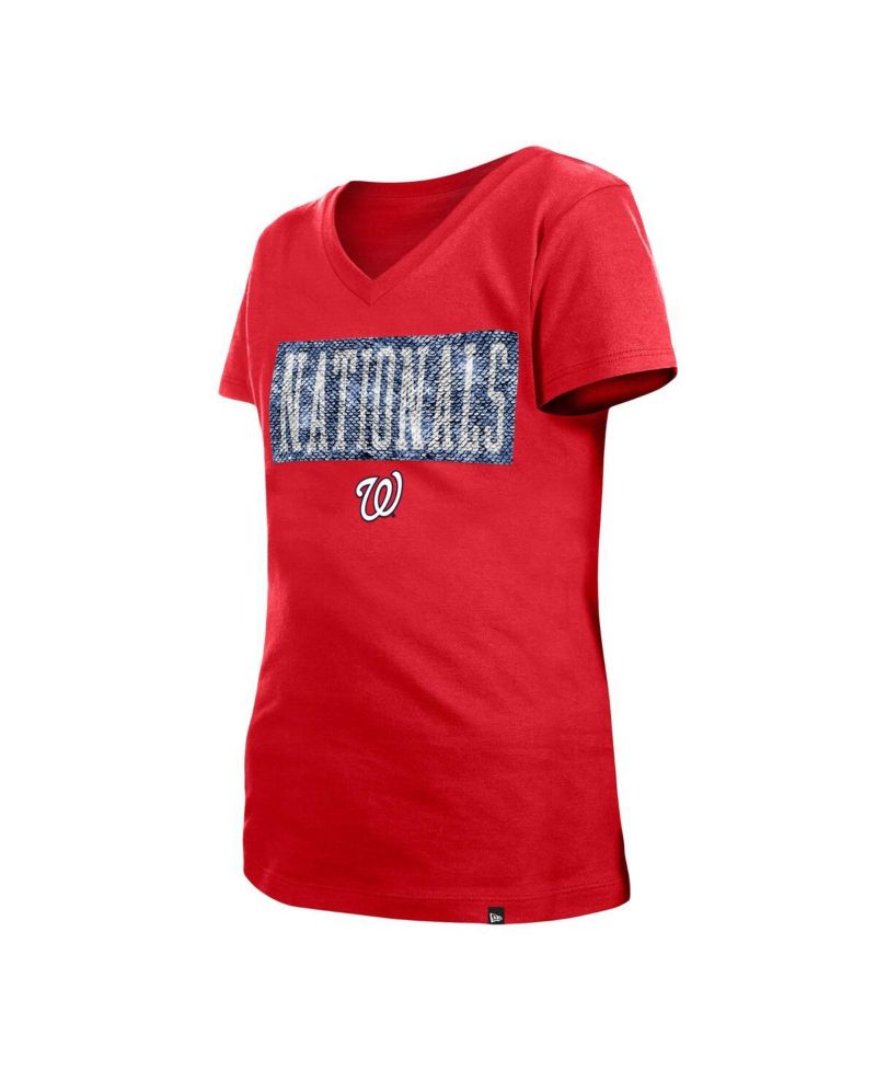 Big Girls Red Washington Nationals Flip Sequin Team V-Neck T-shirt