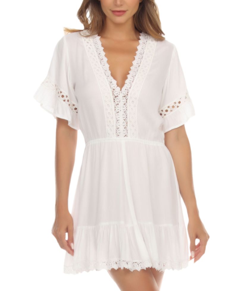 Women's V-Neck Short-Sleeve Lace-Trim Dress Cover-Up