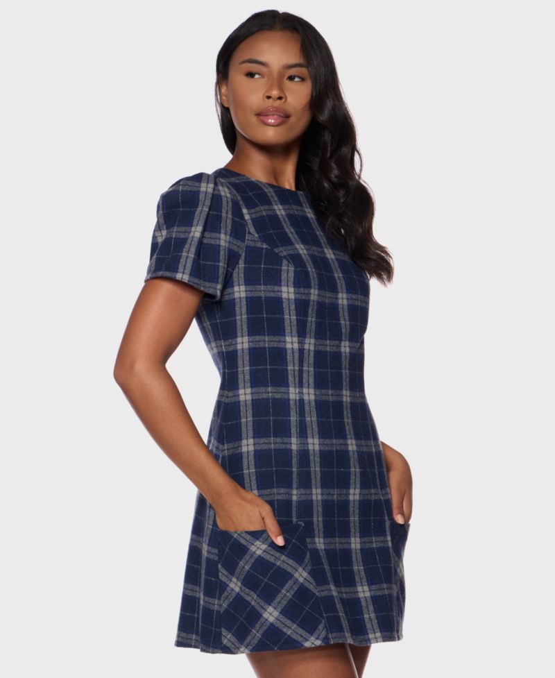 Juniors' Plaid Puff-Sleeve Mini Dress