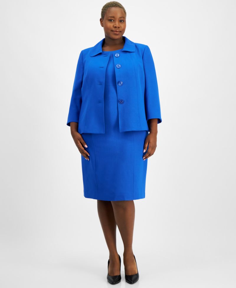 Plus Size Button-Front Boxy Jacket & Sheath 2 Piece Dress Suit
