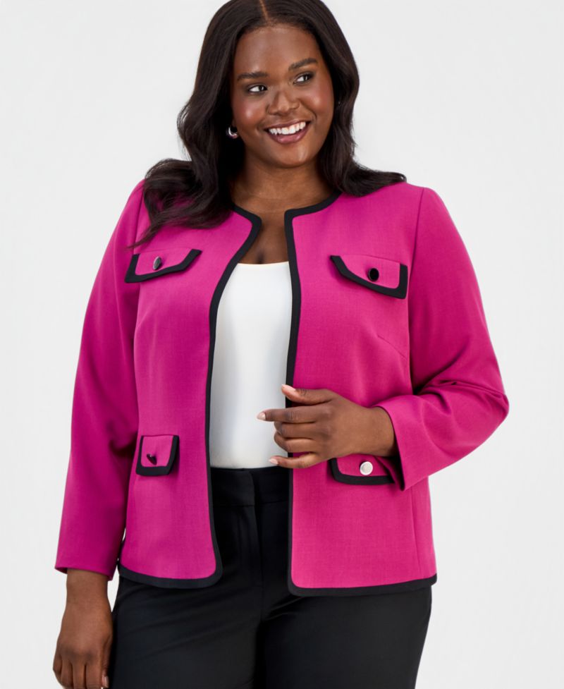 Plus Size Collarless Open-Front Framed Jacket
