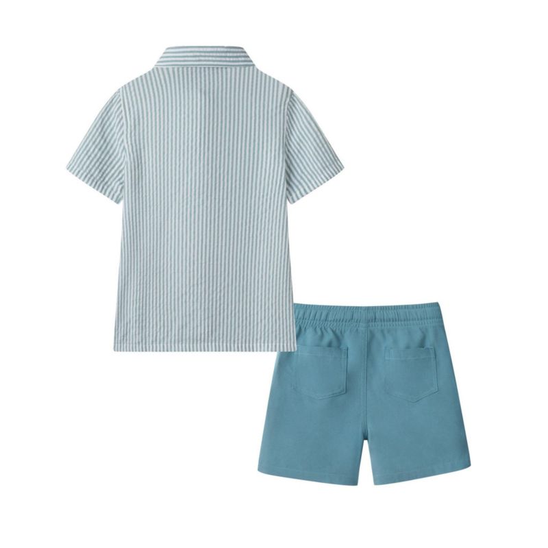 Toddler Boys Toddler/Child Teal Striped Buttondown and Linen Shorts Set