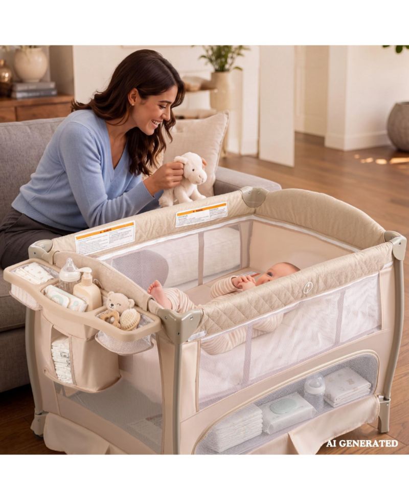 4-in-1 Portable Baby Playard with Bassinet and Mosquito Net, Bedside Sleeper and Changing Table