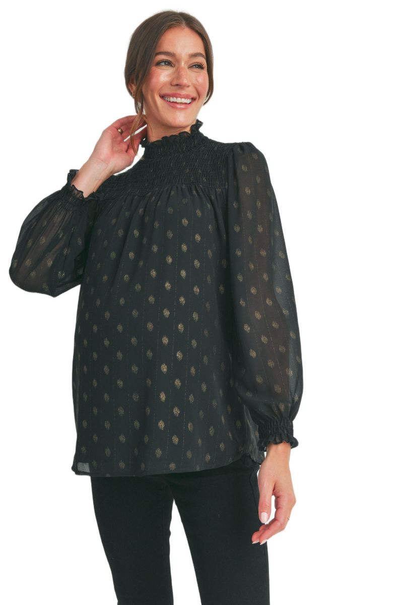 Maternity Long Sleeve Mock Neck Polka Dot Smocked Blouse