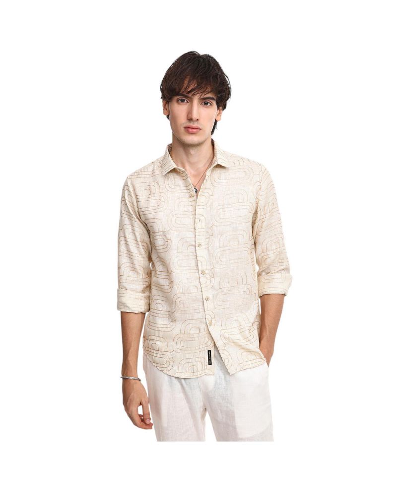 Men's Khaki Beige Curve-Lined Shirt