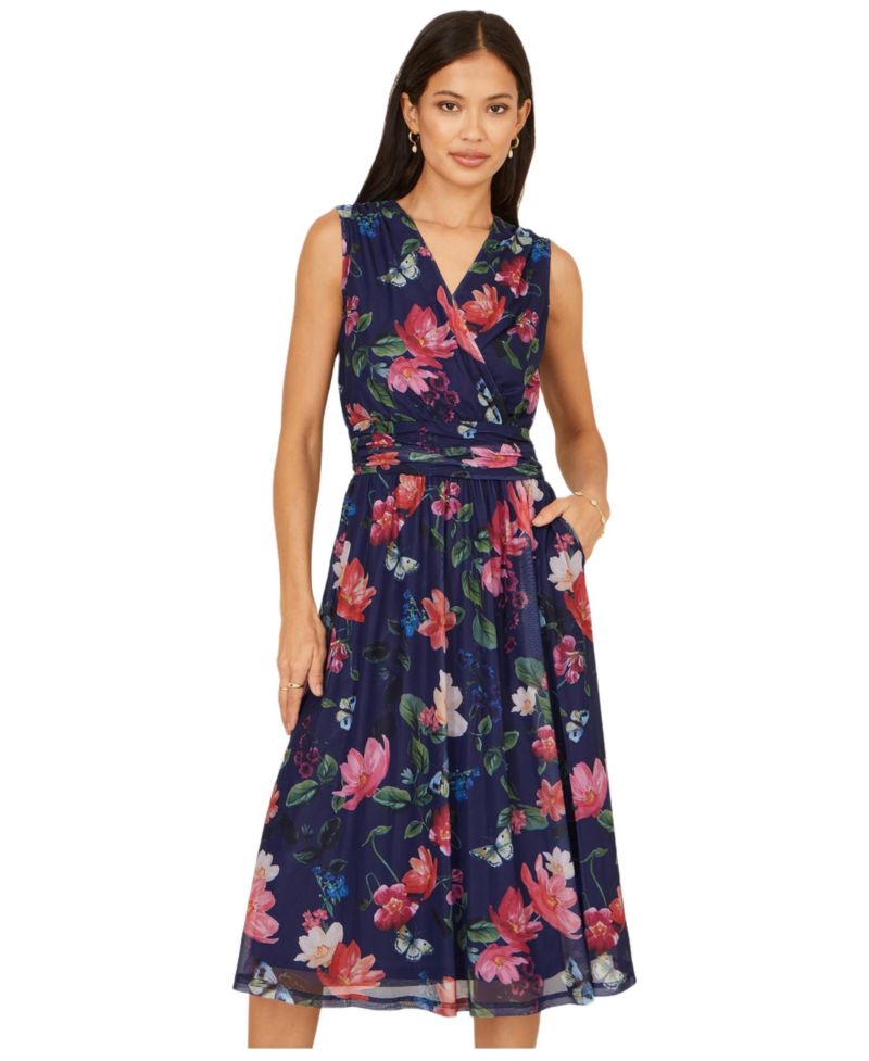 Women's Floral Print Mesh Stretch Midi Dress