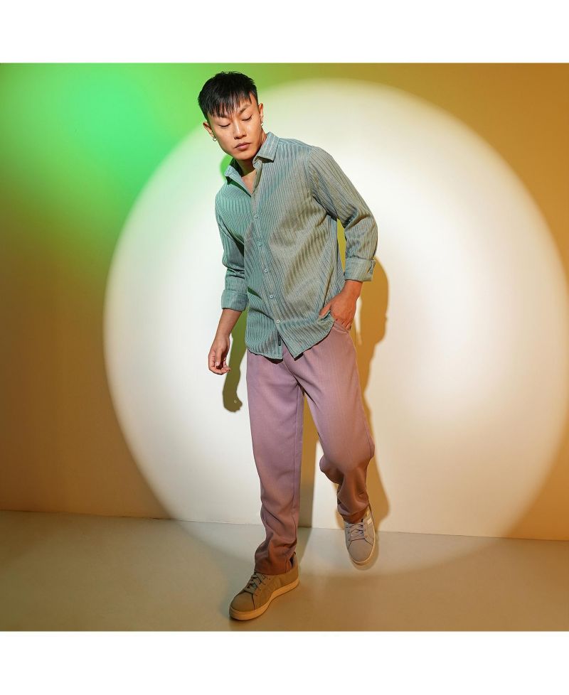 Men's Sea Green Ribbed-Striped Shirt
