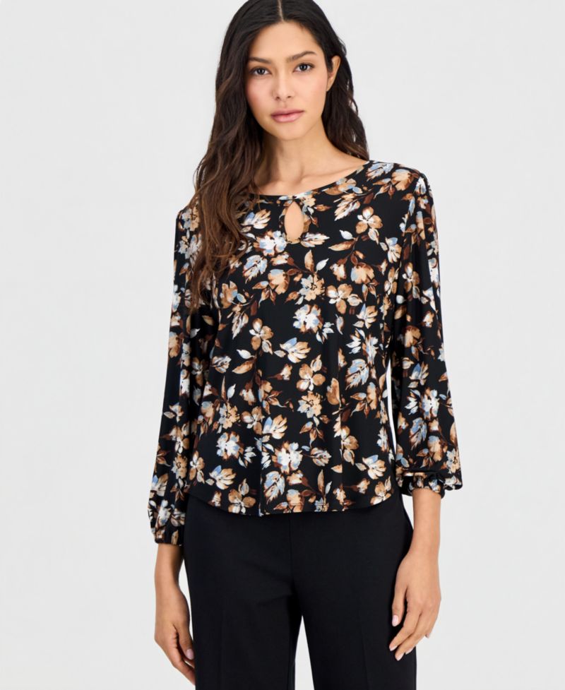 Women's Petite 3/4-Sleeve Floral-Print Keyhole Blouse