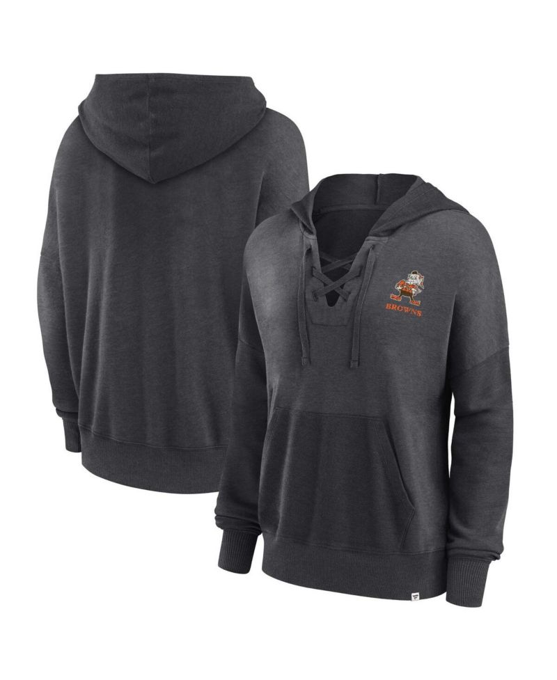 Women's Heather Charcoal Distressed Cleveland Browns Heritage Snow Wash French Terry Lace-Up Pullover Hoodie